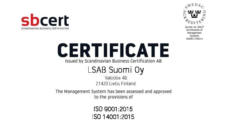LSAB Finland certifierade enligt ISO 9001 och ISO 14001